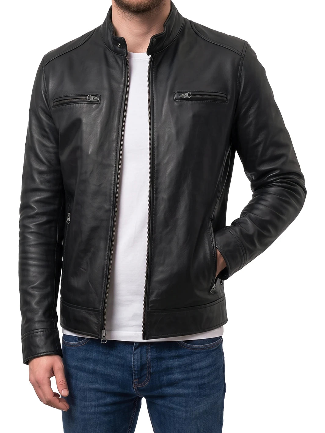 Men's Black Lambskin Leather Cafe Racer Jacket – Decrum