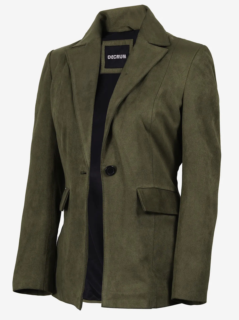 Women's Olive Green Faux Suede Notch Lapel Blazer - Front