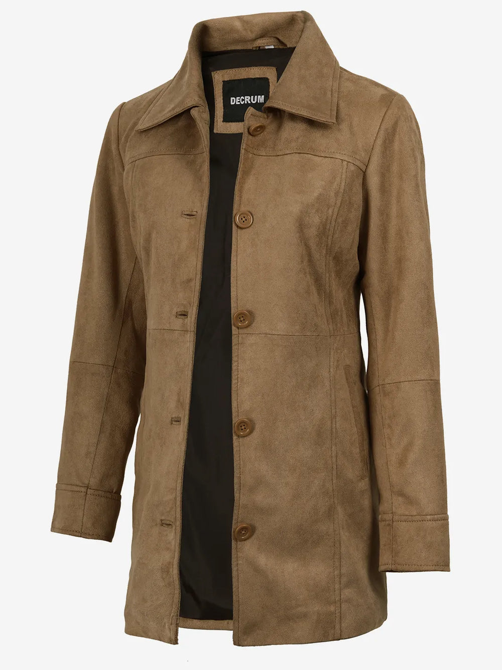 Women's 3/4 Length Camel Brown Faux Suede Coat Button Front - Front