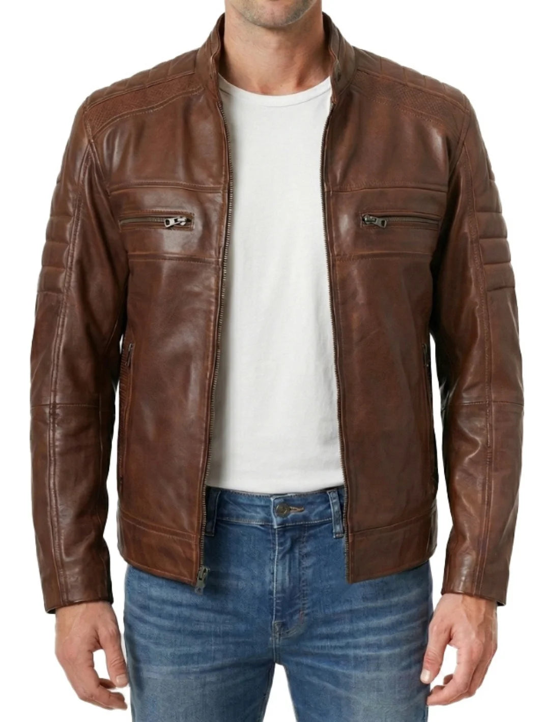 Austin Men's Cognac Brown Cafe Racer Leather Jacket – Decrum