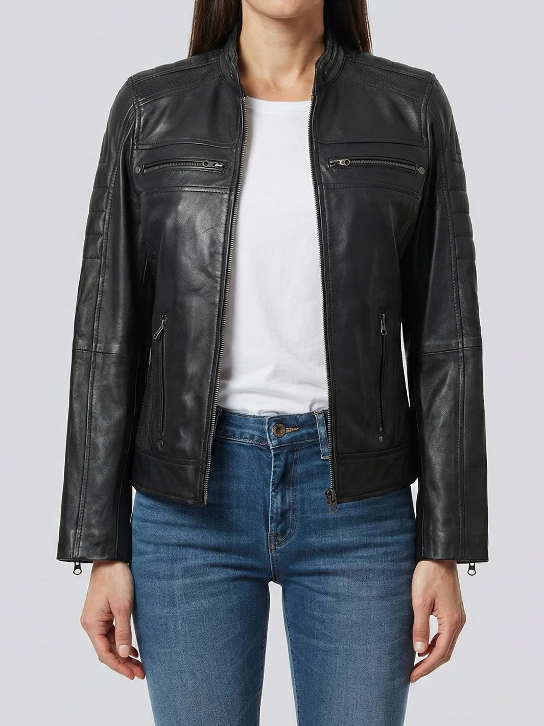 Austin Women Black Cafe Racer Leather Jacket - Real Lambskin – Decrum