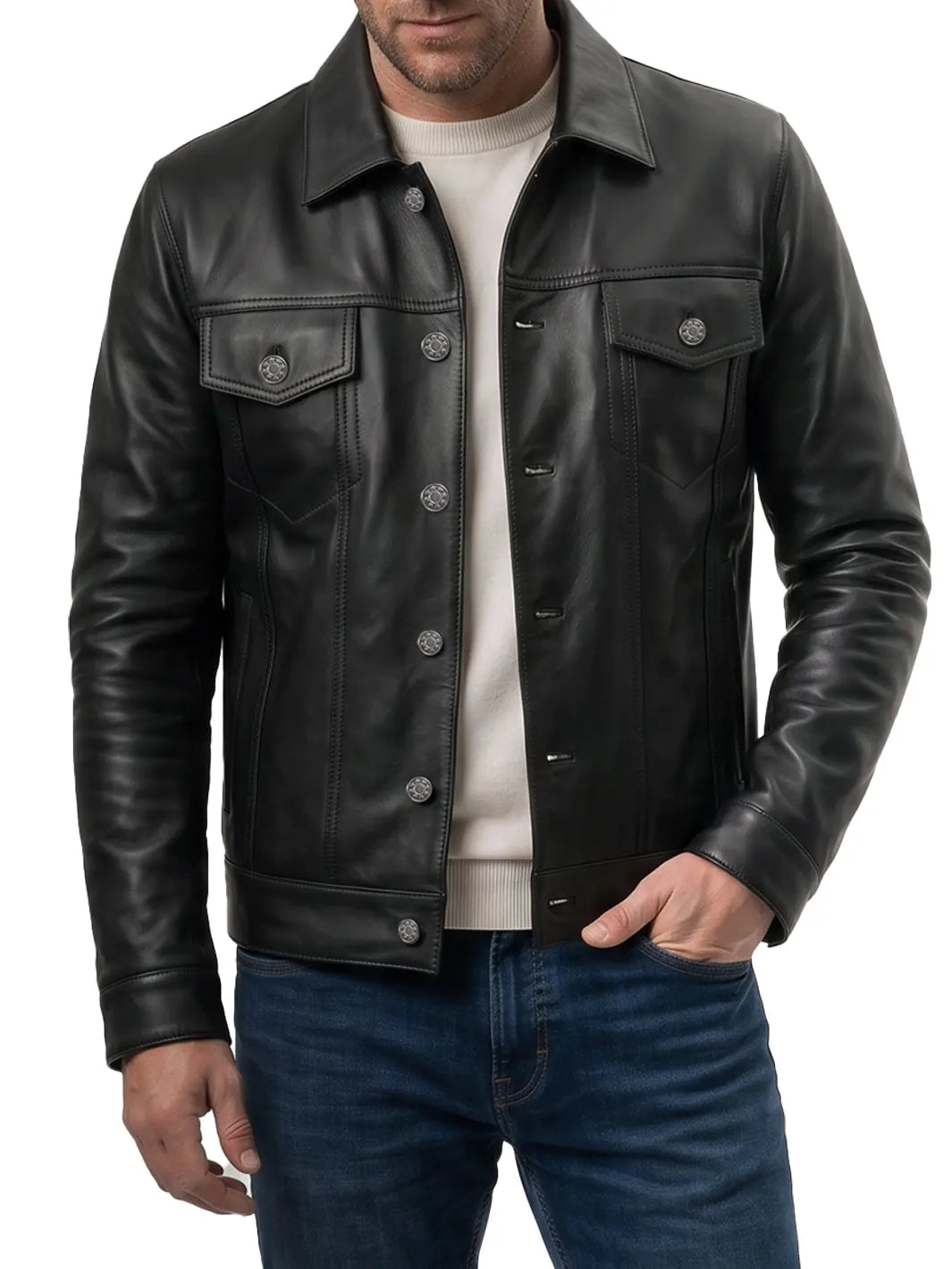 Decrum Men's Trucker Jacket Black Genuine Lambskin Leather