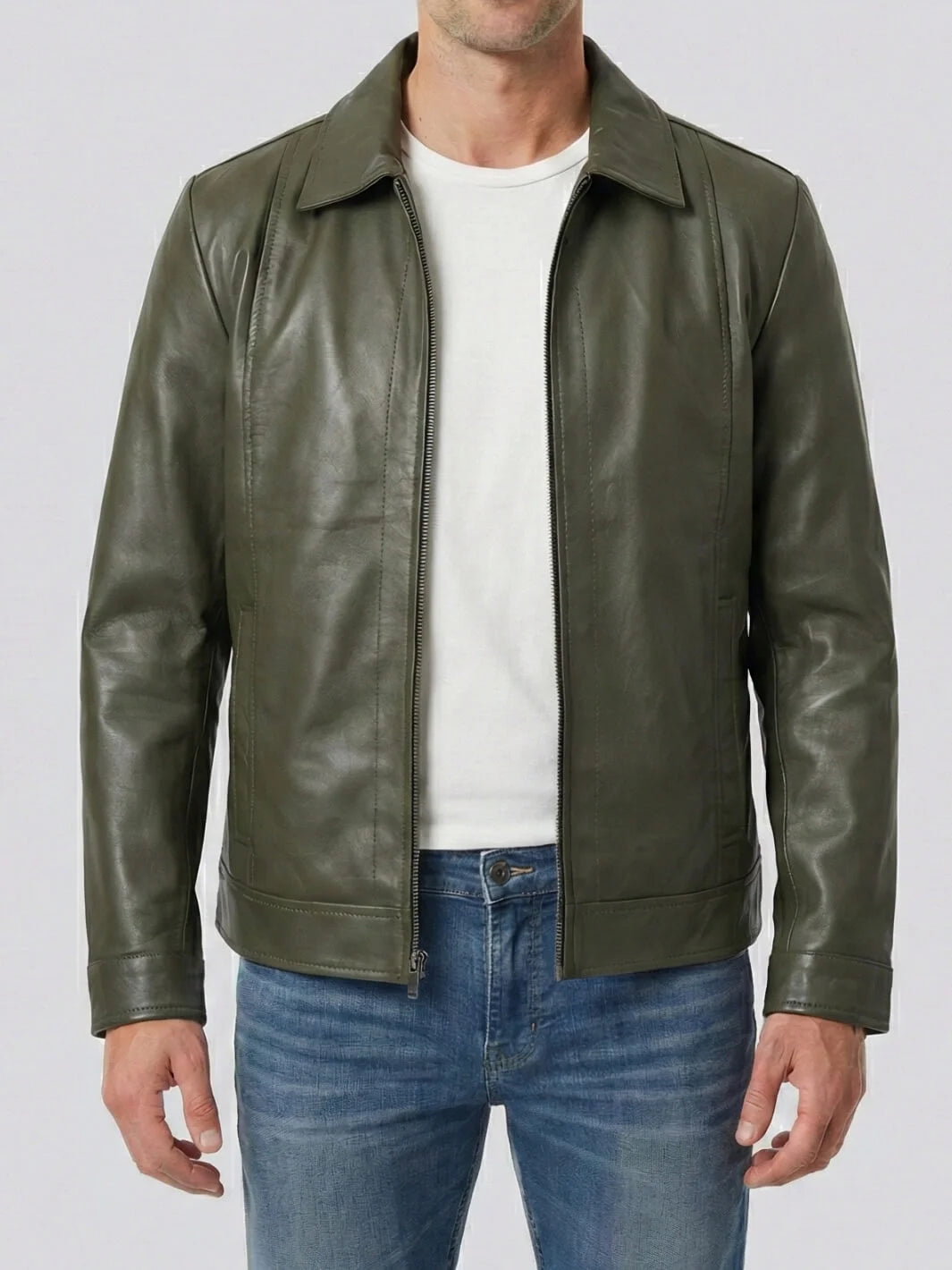 Mens Dark Green Leather Jacket with Shirt Collar – Decrum