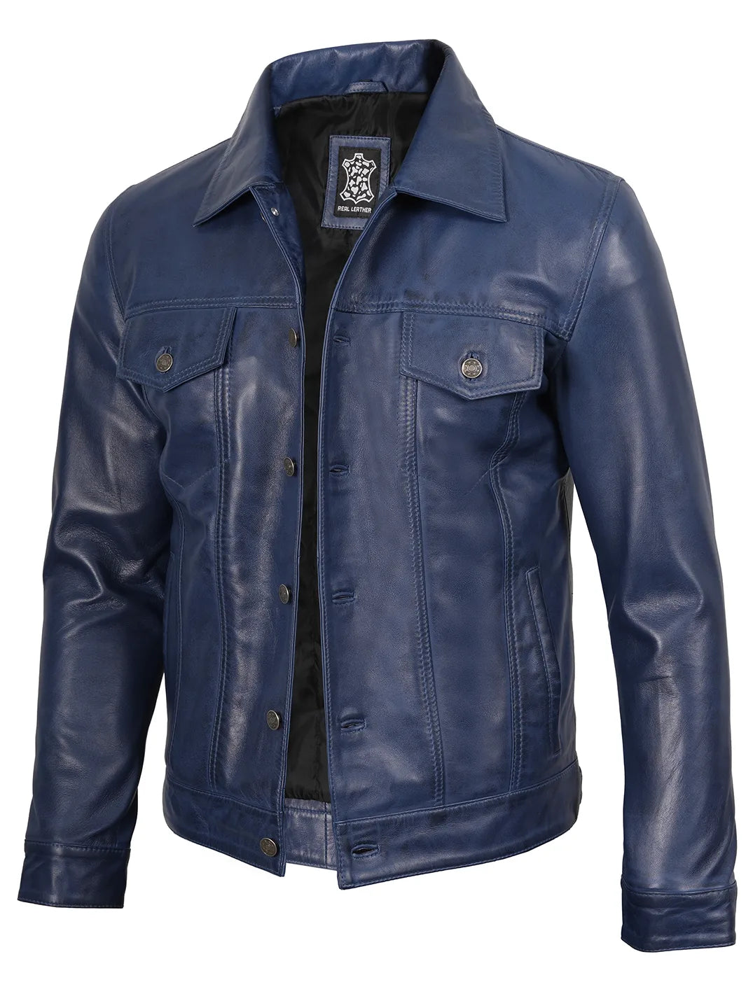 Fernando Men's Blue Real Leather Trucker Jacket – Decrum
