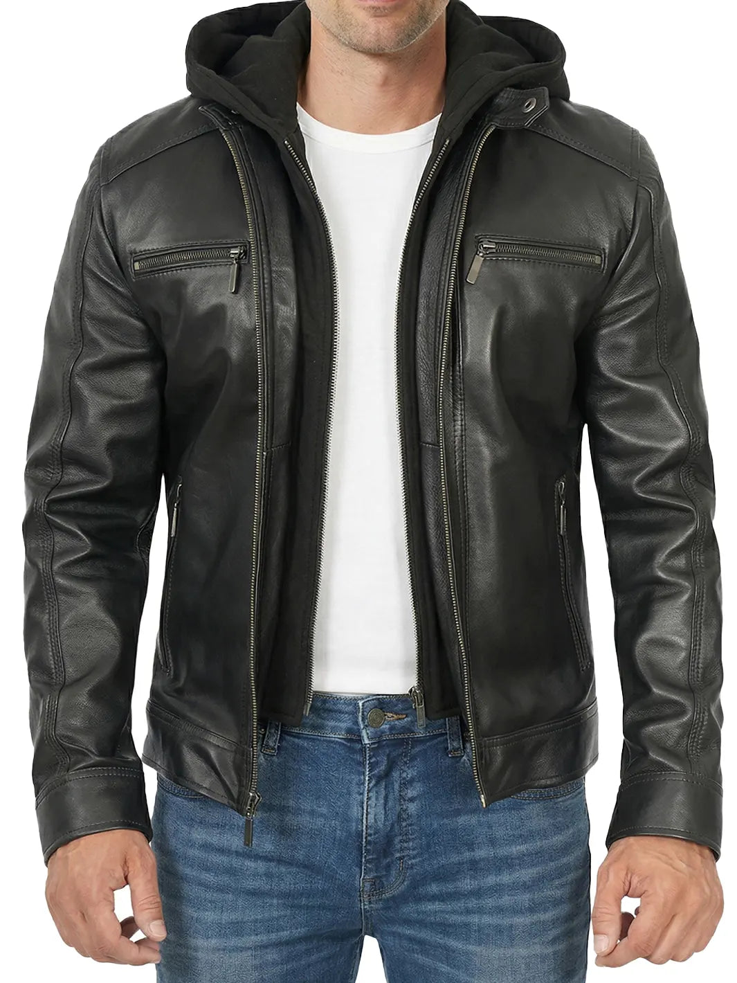 Merrill Men's Black Hooded Leather Jacket – Decrum