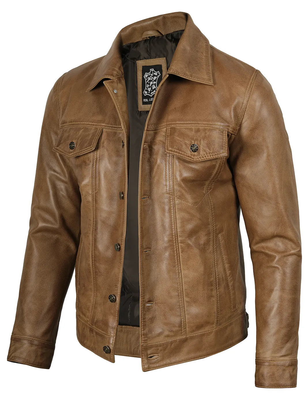Men's Trucker Camel Brown Lambskin Leather Jacket – Decrum