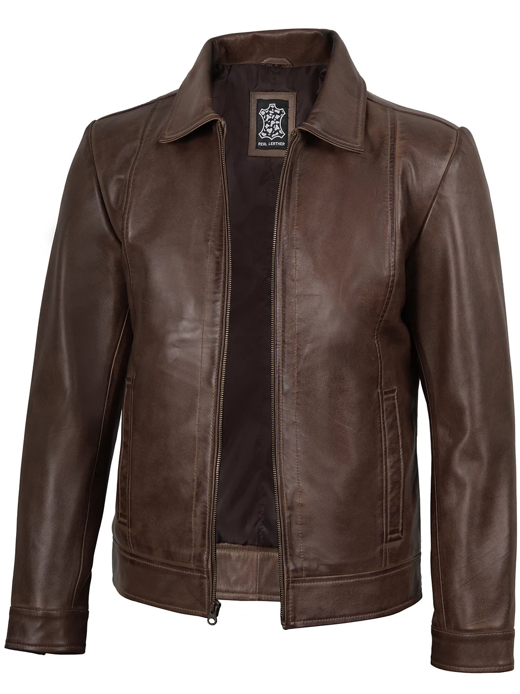 Men's Harrington Style Chocolate Brown Leather Jacket | Shirt Collar   Decrum