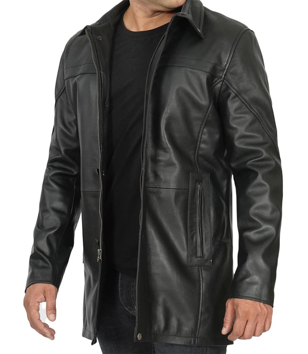 Tall Men's Black Real Leather Car Coat – 100% Lambskin – Decrum