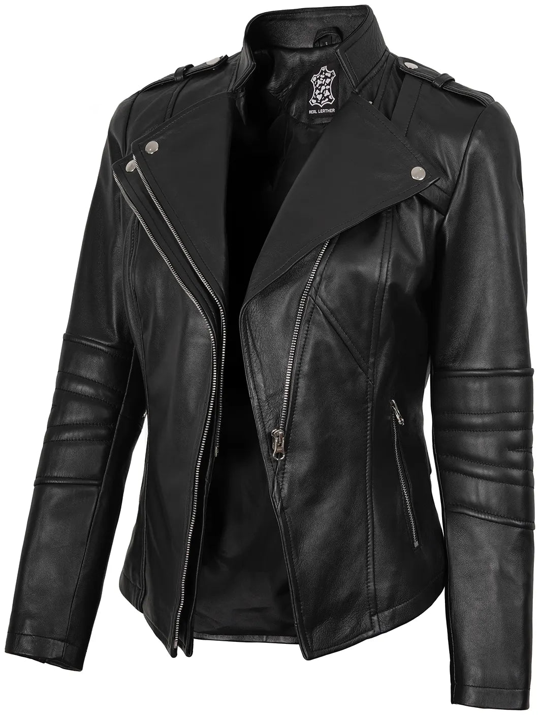 Black Genuine Ladies Leather Motorcycle Jacket, image size:1065x1420