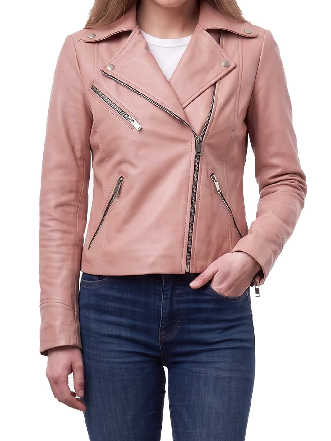 Ninfa Women's Pink Asymmetrical Biker Style Leather Jacket – Decrum
