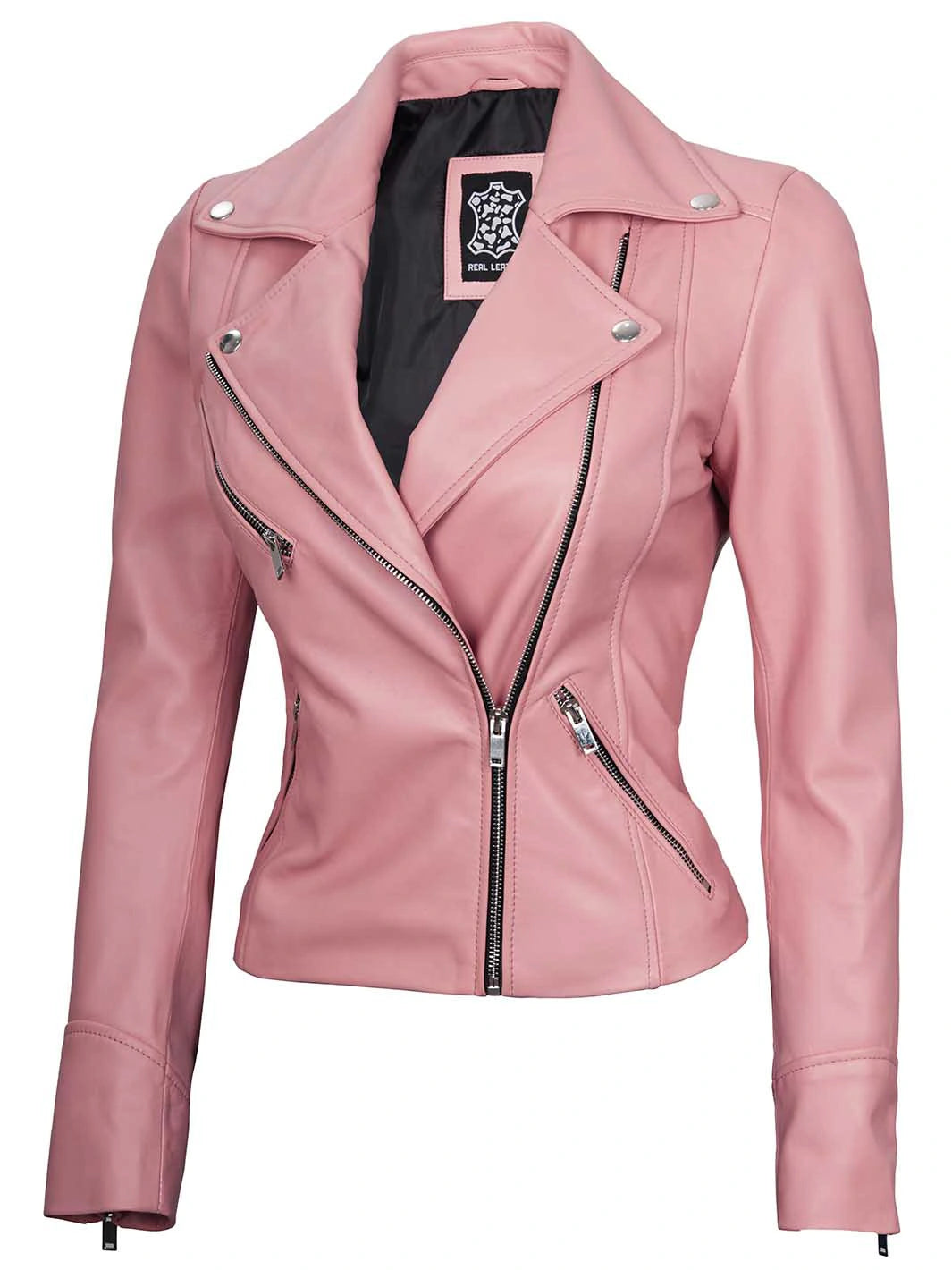 Ninfa Women's Pink Asymmetrical Biker Leather Jacket