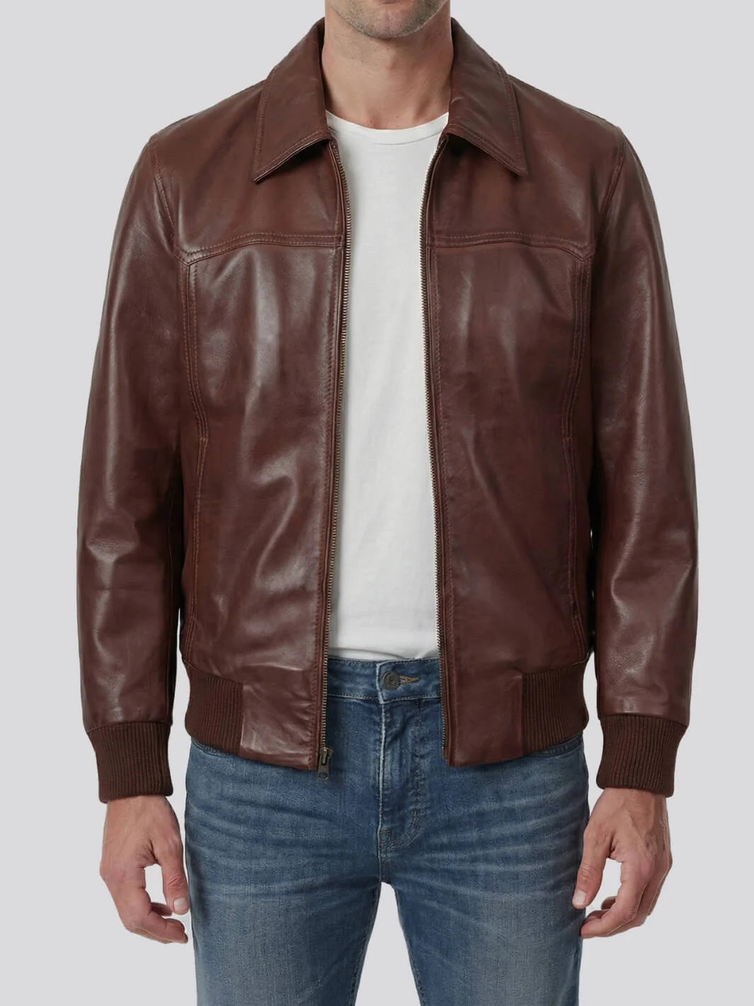 Mens Distressed Brown Bomber Leather Jacket | Shirt Style Collar