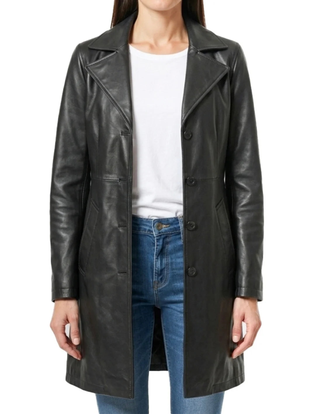 Womens Black Car Coat 3 4 Length Genuine Leather