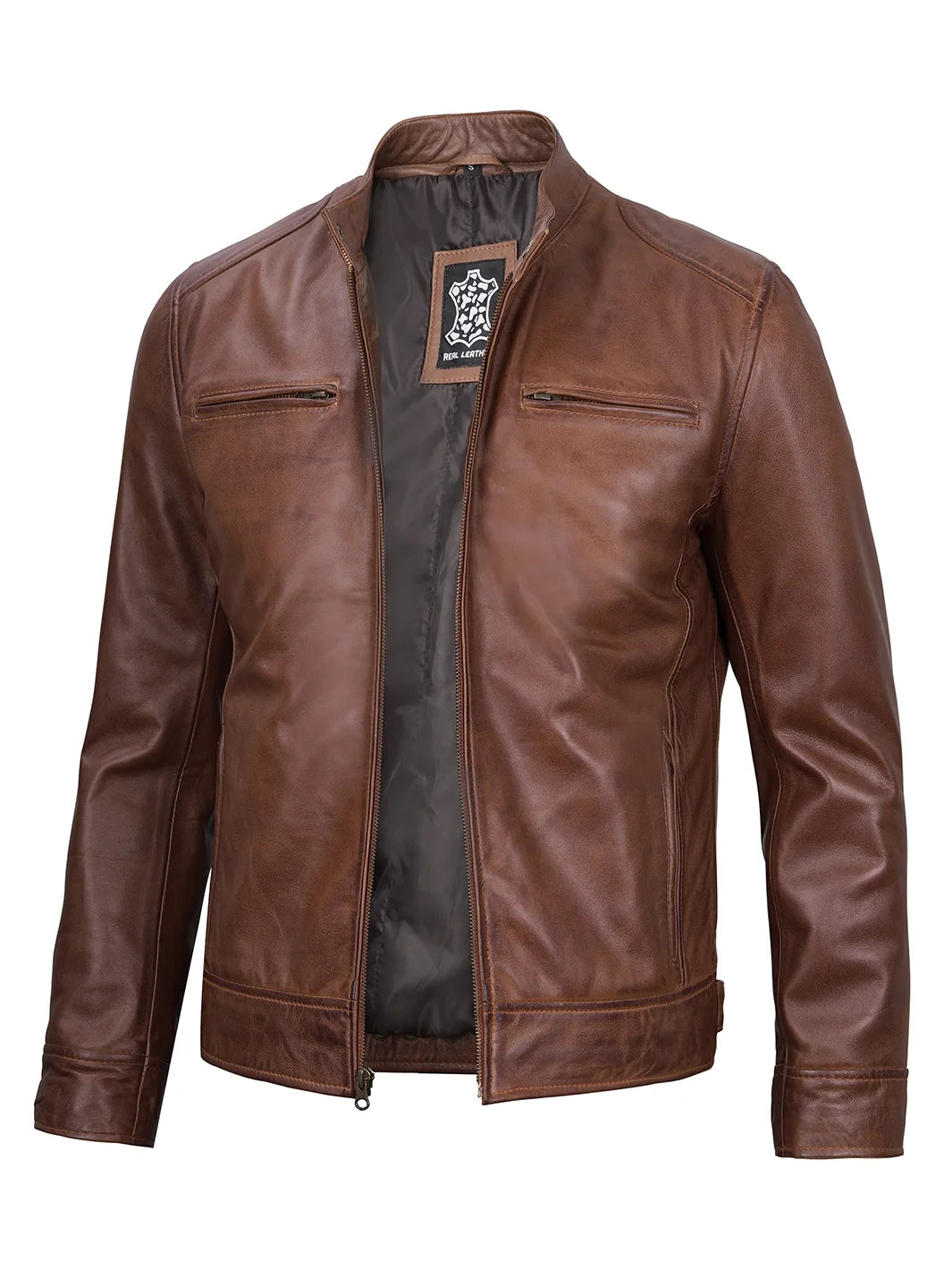 Dodge Men Cognac Cafe Racer Leather Jacket - Real Lambskin – Decrum