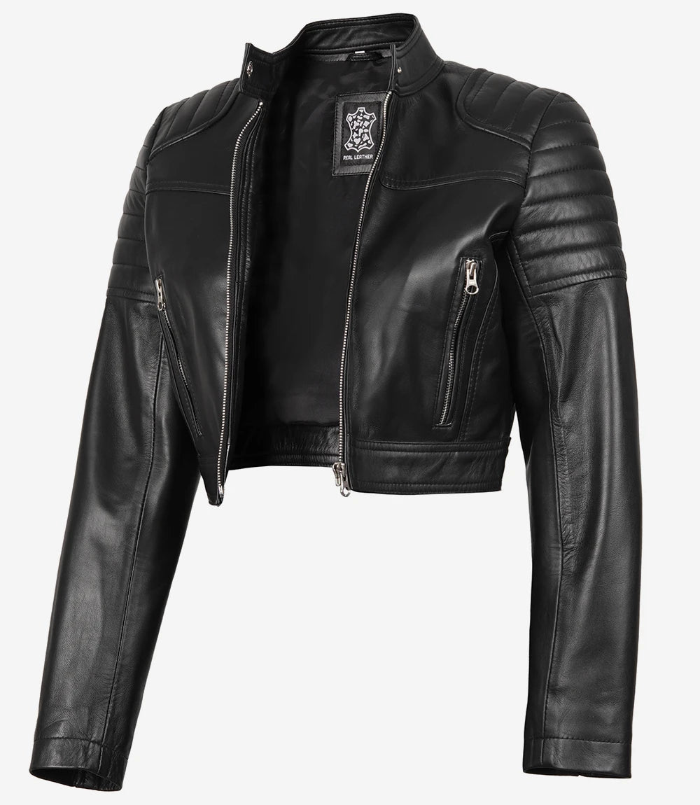 Women's Black Cropped Leather Biker Style Jacket – Decrum