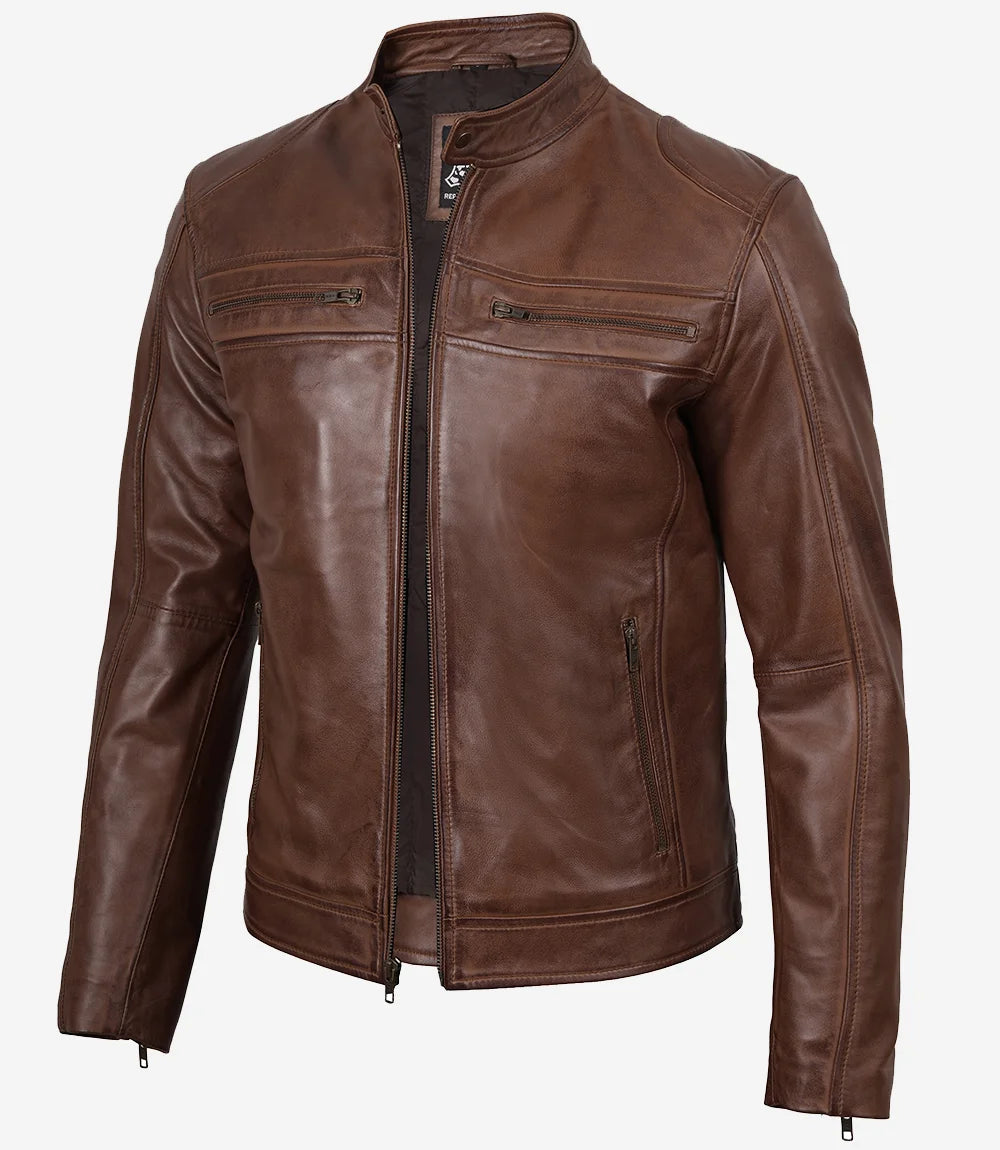 AAKAM レザージャケット Leather Jacket(Brown)サイズ1 Men's Cognac Brown Cafe Racer Lambskin Leather Jacket – Decrum
