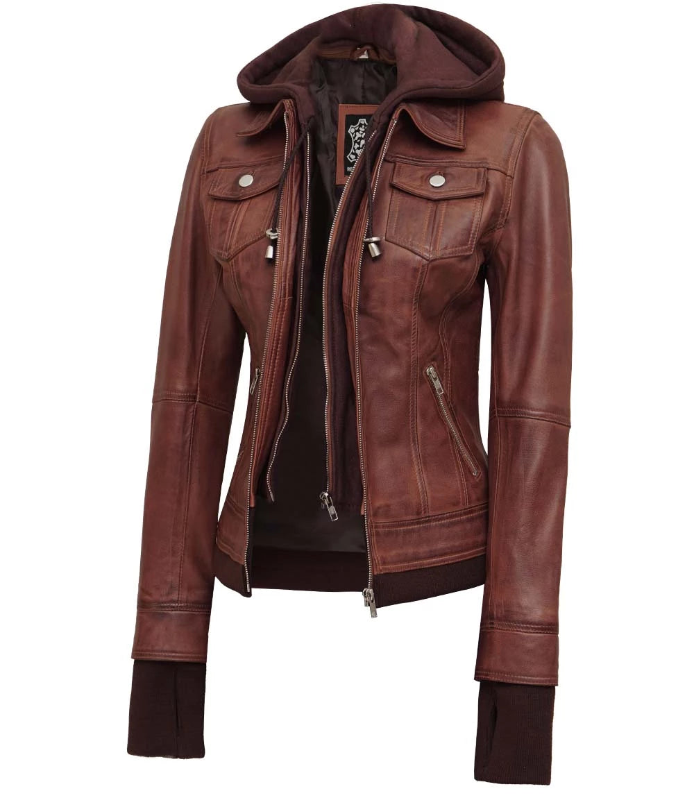 Women s Dark Brown Bomber Leather Jacket With Removable Hood Decrum women-s-dark-brown-bomber-leather-jacket-with-removable-hood-decrum