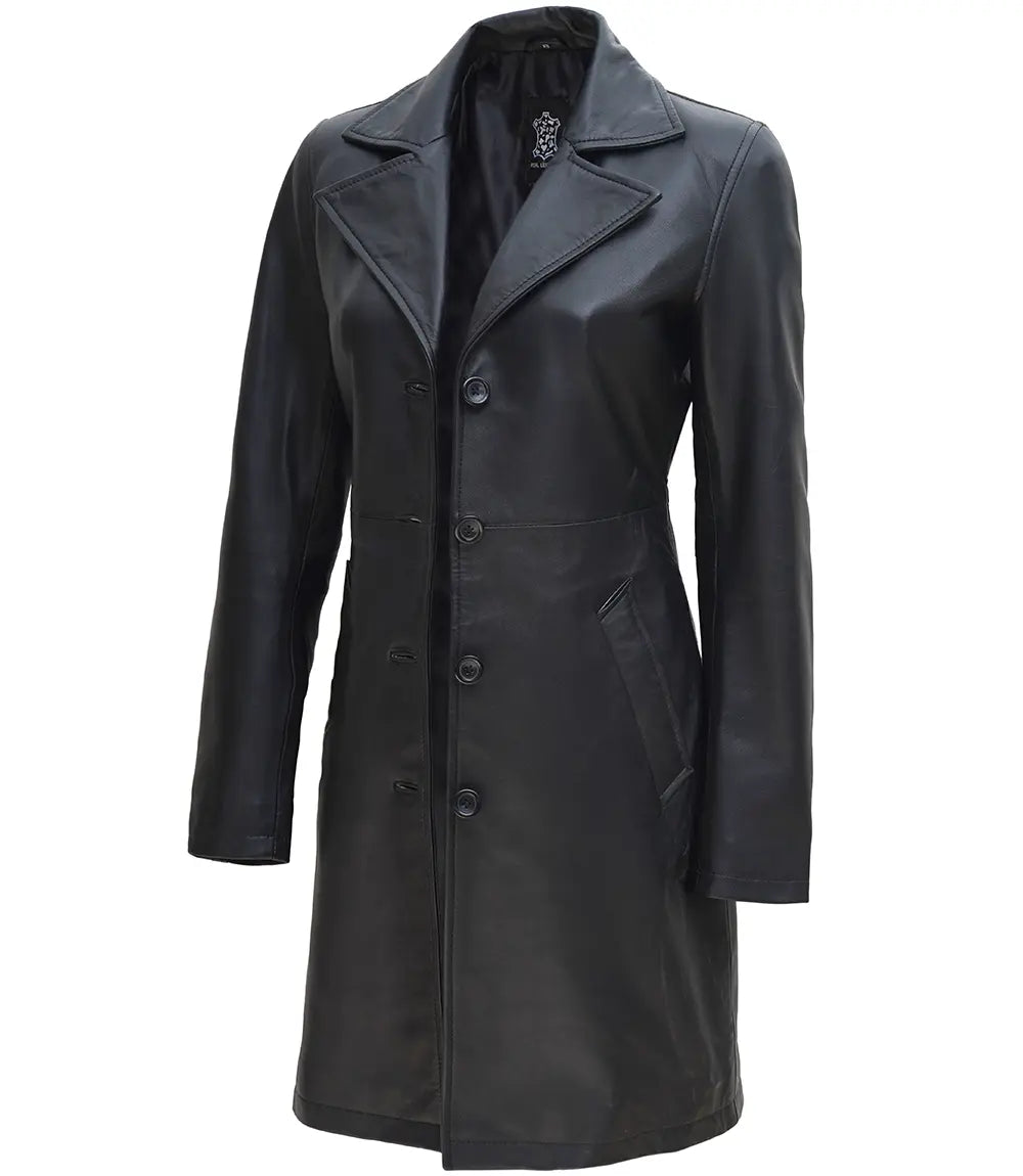 Elegant Petite Women's Black Leather Long Coat – Decrum