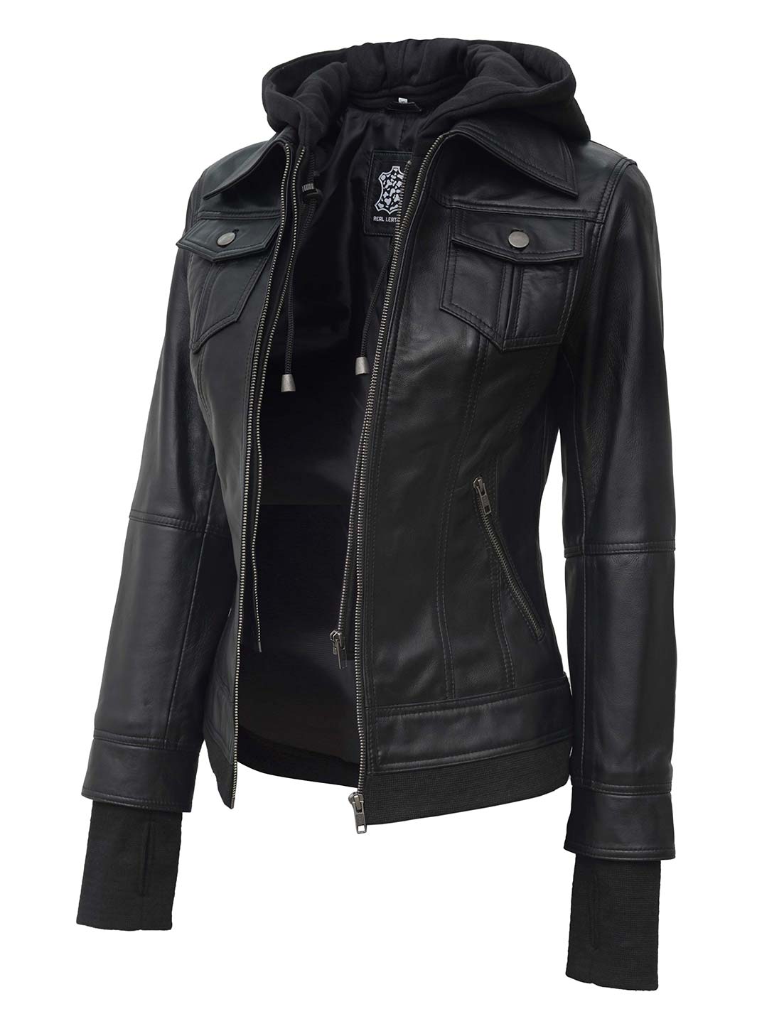 Women s Black Motorcycle Jacket with Hood Decrum