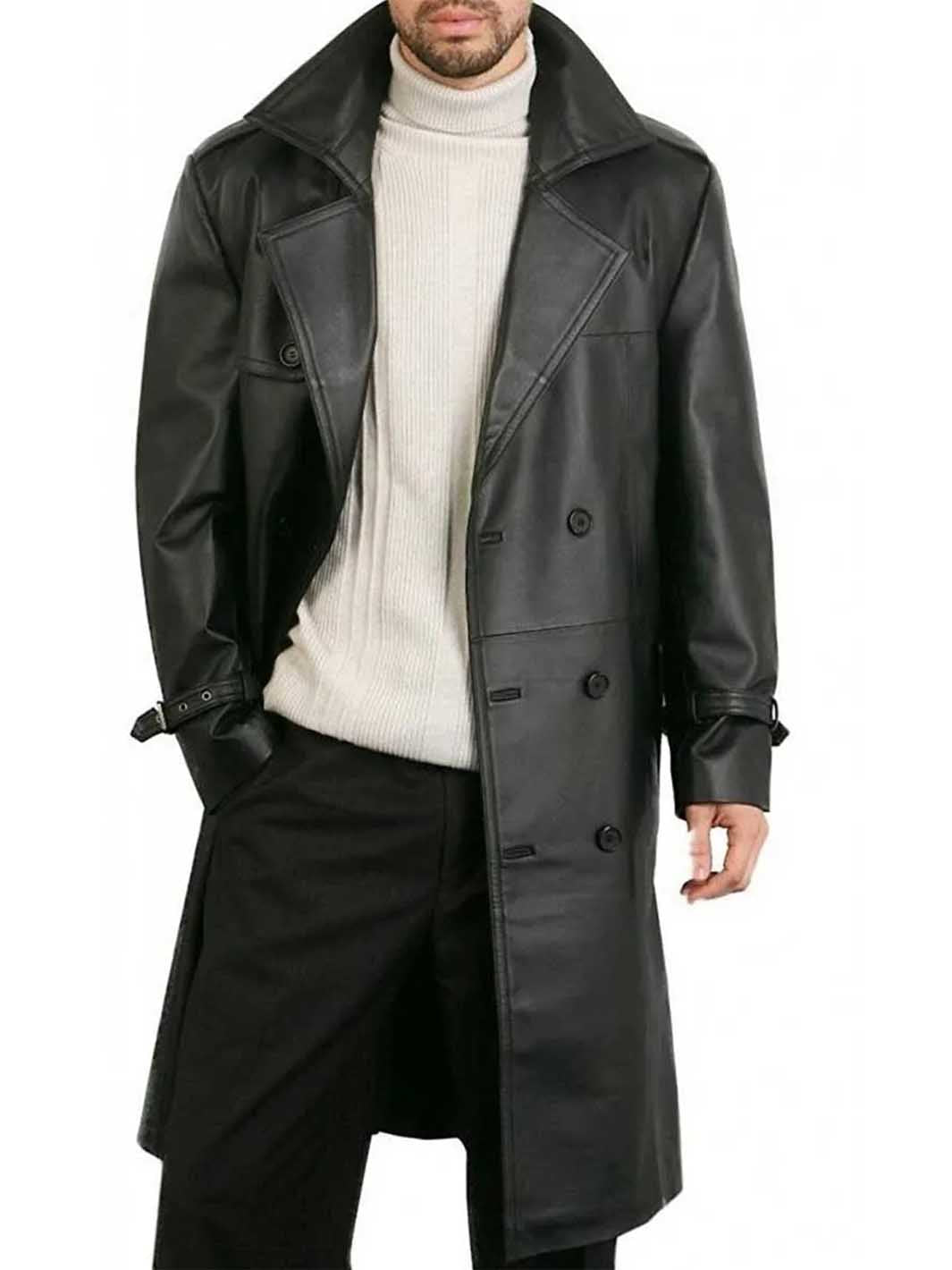 Belted Double Breasted Black Trench Leather Coat for Men – Decrum