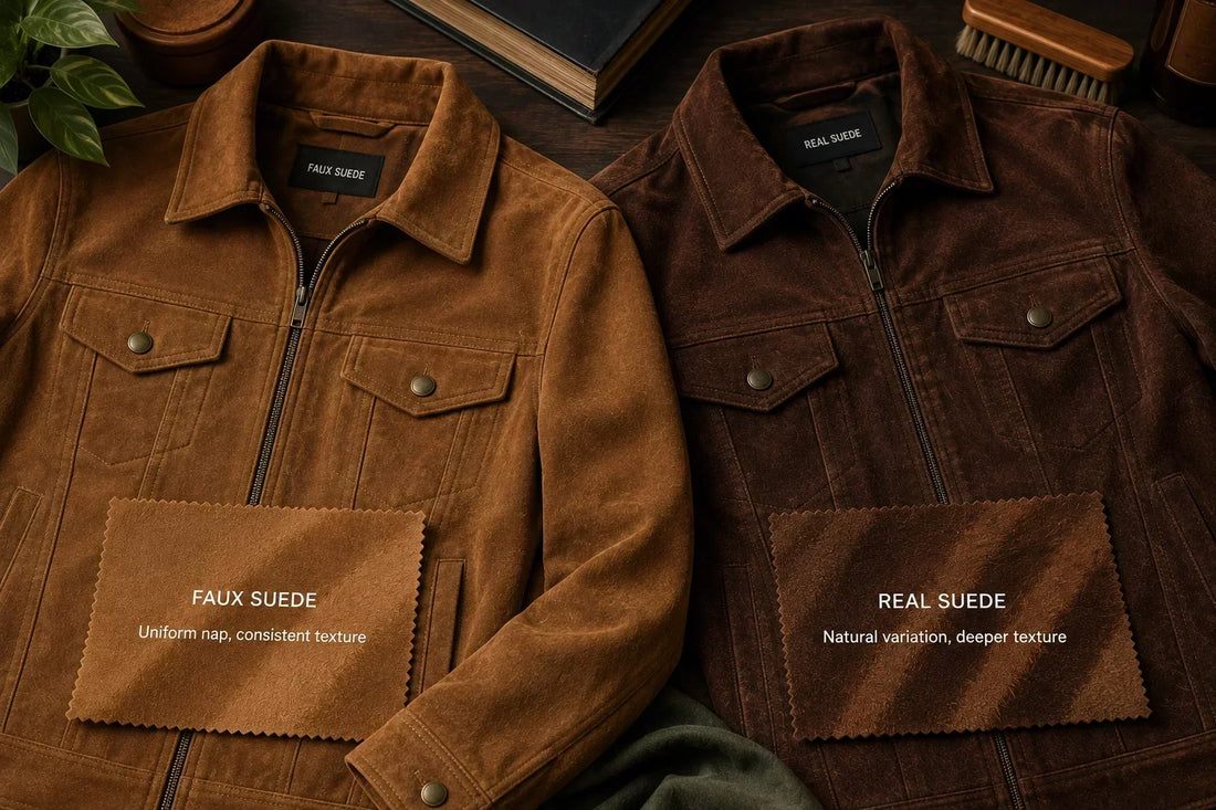 Faux suede and real suede trucker jackets side by side