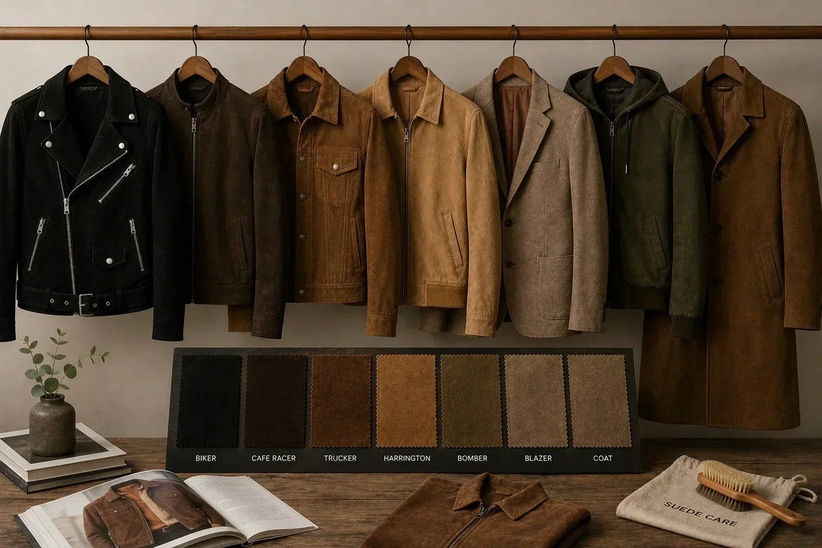 Suede jackets in black, brown, tan and olive on a clothing rail