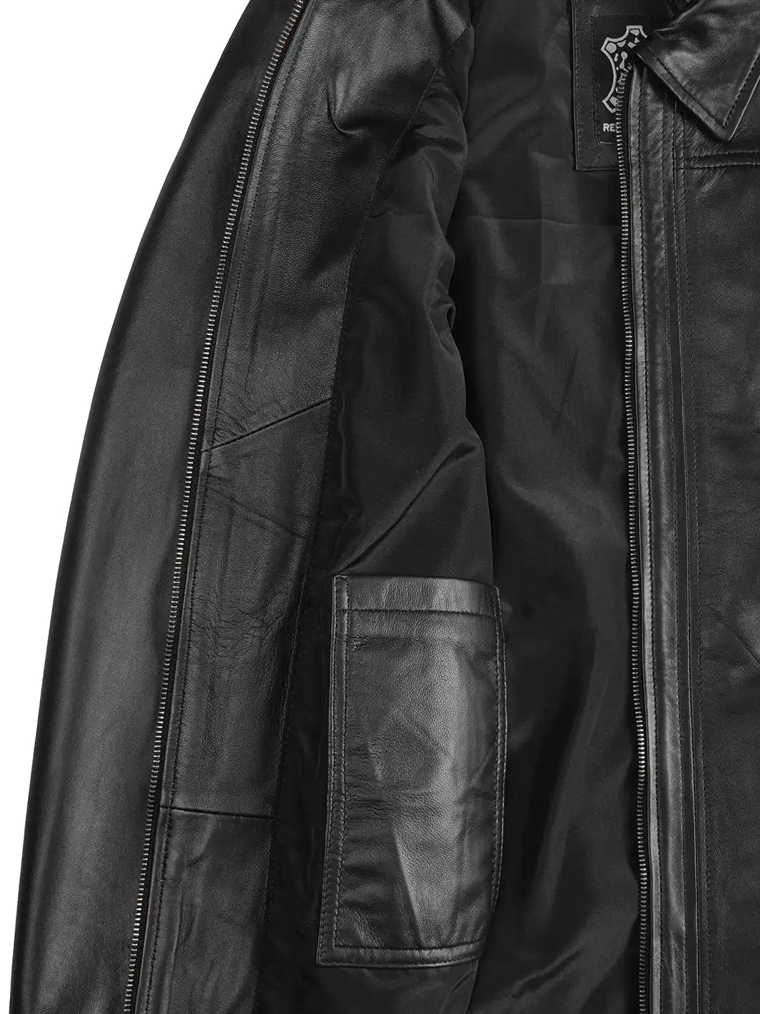 Close-up of a black leather jacket with zippers and pocket details on a white background