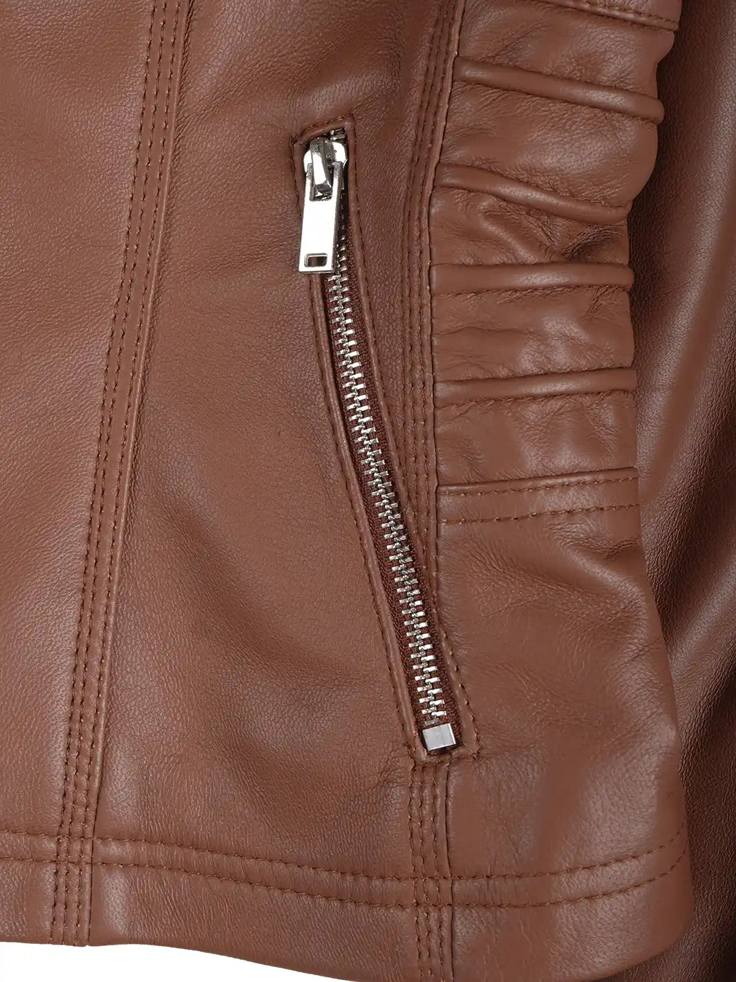 Close-up of a brown leather jacket with a zipper detail