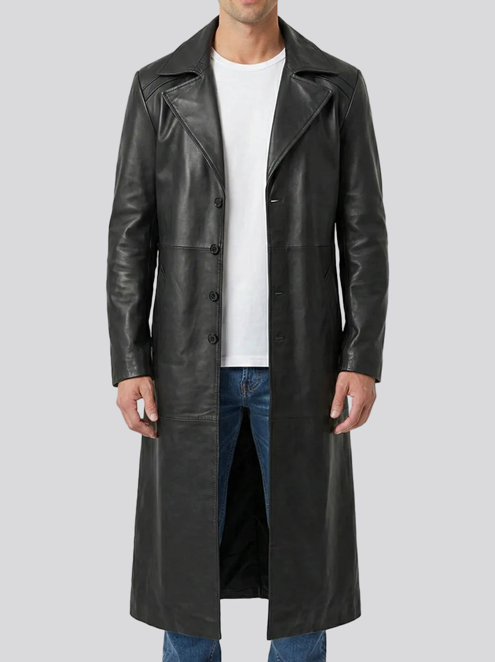 Men's Black Leather Coat - Front