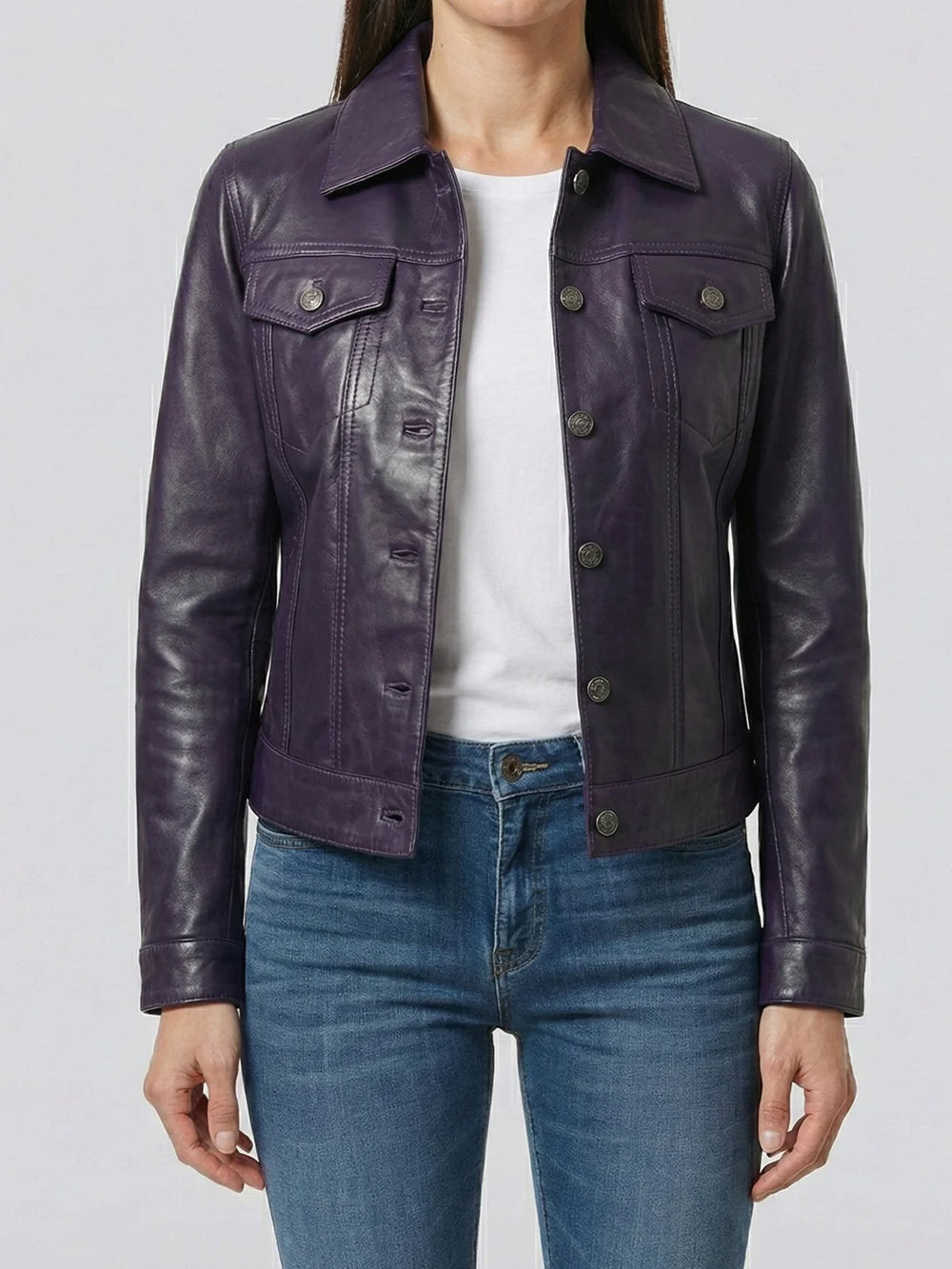 Women's Purple Leather Trucker Jacket - Front