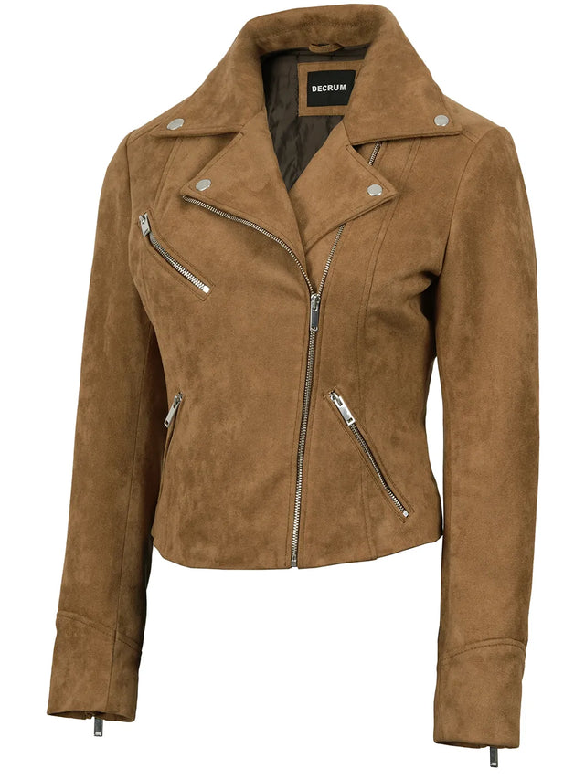 Women's light brown faux suede biker jacket