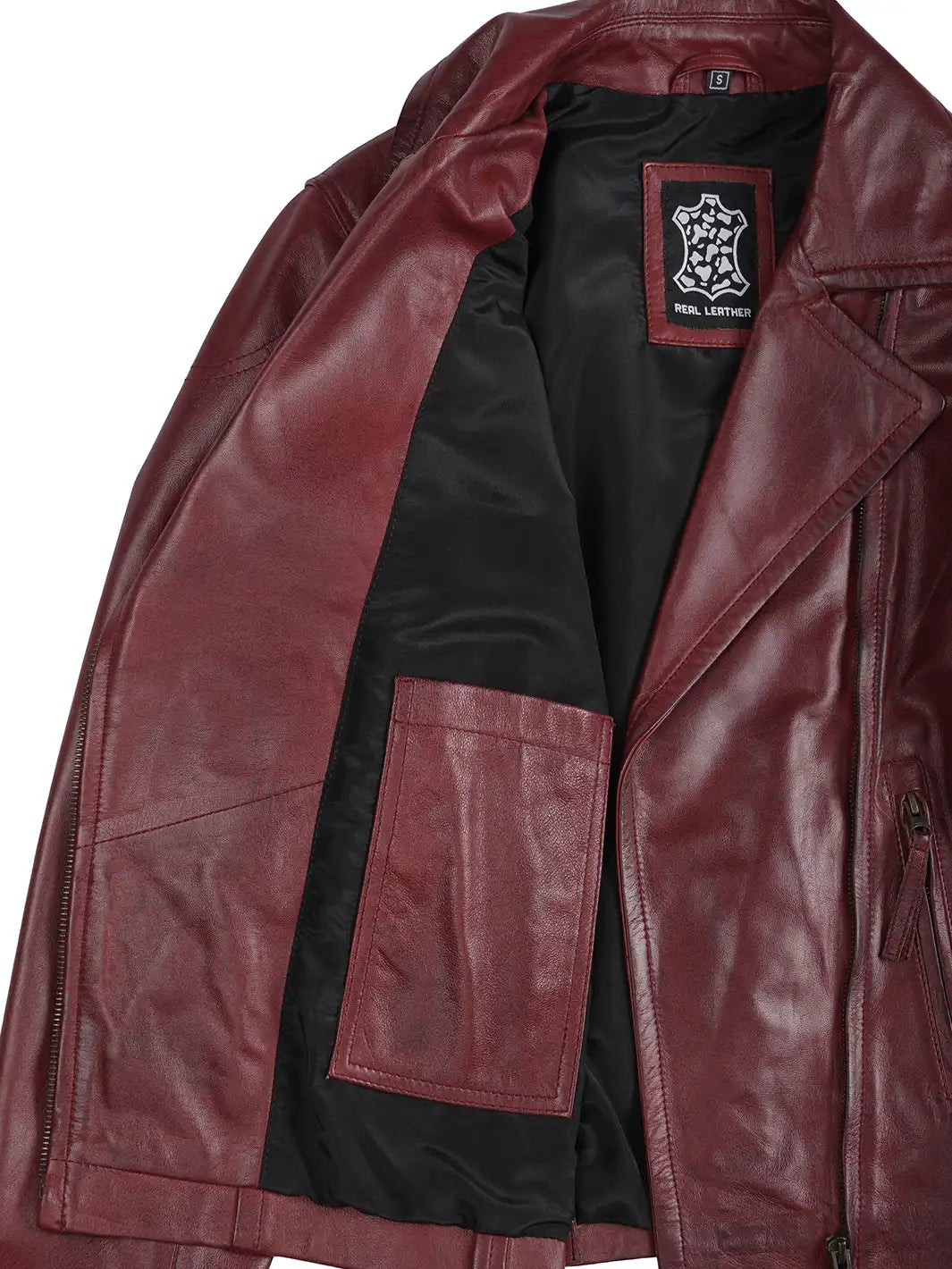 Close-up of a maroon leather jacket with a brand label on a white background