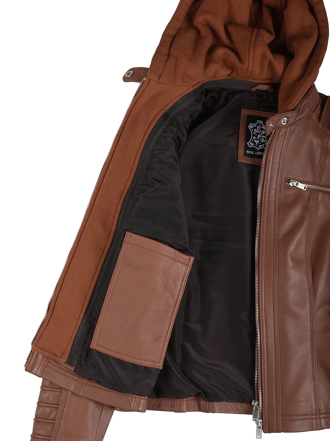 Brown leather jacket with a visible brand logo on a white background