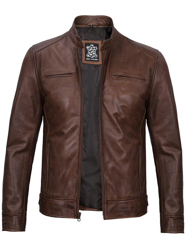 Men's cognac brown leather cafe racer jacket