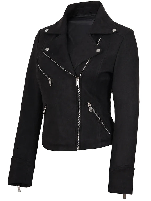 Women's black faux suede biker jacket, asymmetric zip