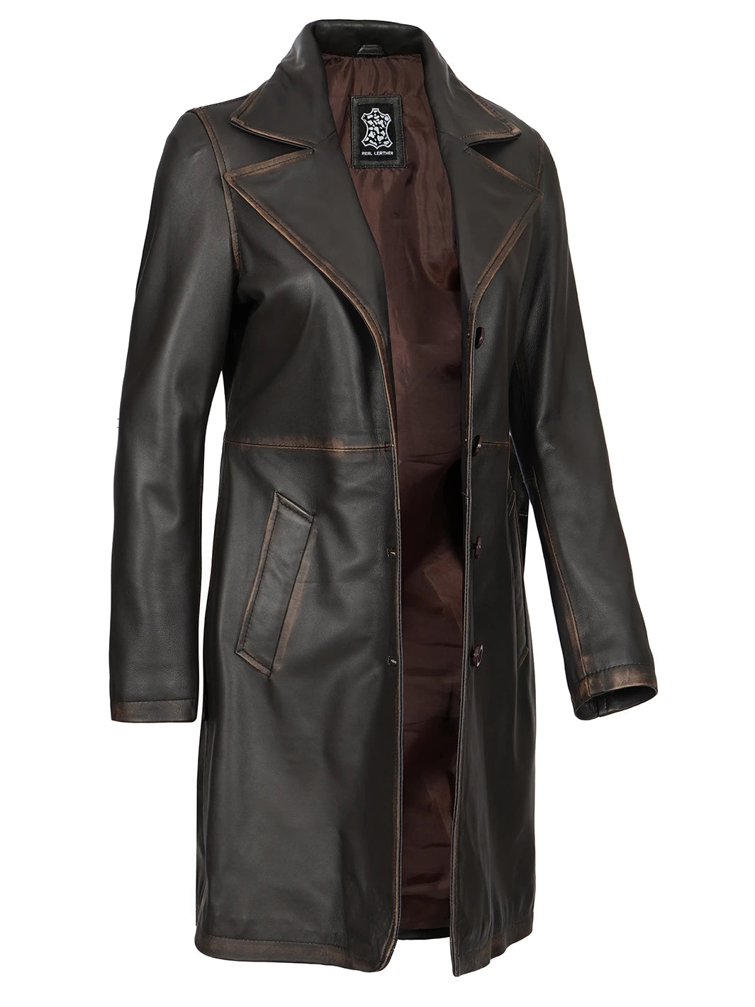 Brown leather coat with a brand logo on a white background