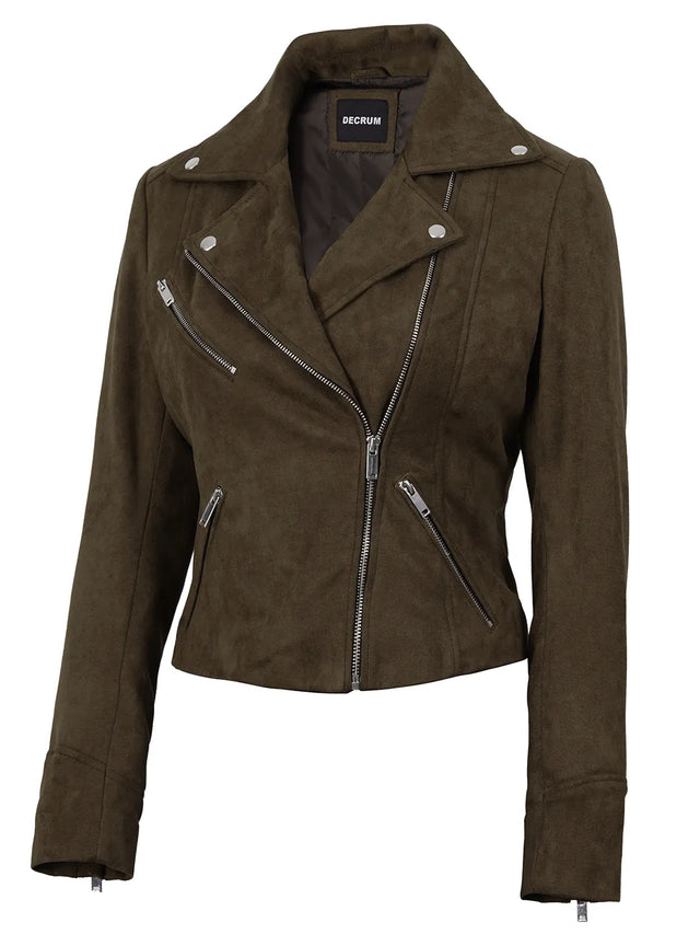 Women's dark brown faux suede biker jacket