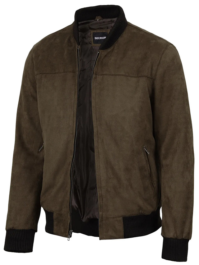Men's dark brown faux suede bomber jacket