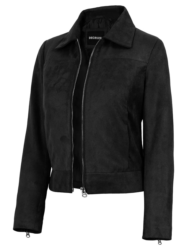 Women's black faux suede Harrington jacket, zip cuffs