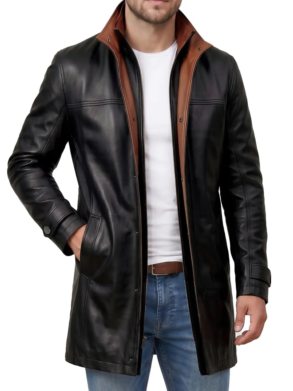 Men's Wide Lapel Black Lambskin 3/4 Length Leather Jacket - Front