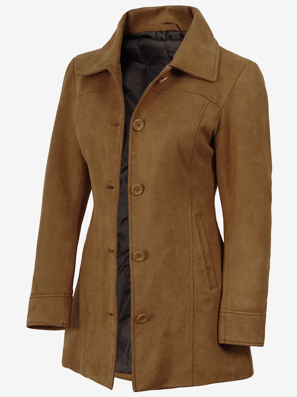 Women's 3/4 Length Light Brown Faux Suede Coat Button Front - Front