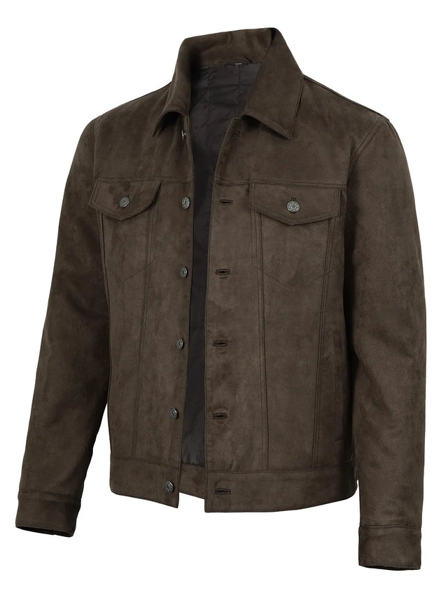 Men's dark brown faux suede trucker jacket