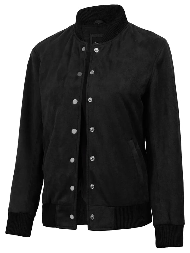 Women's black faux suede bomber jacket