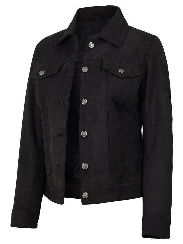 Women's black faux suede trucker jacket