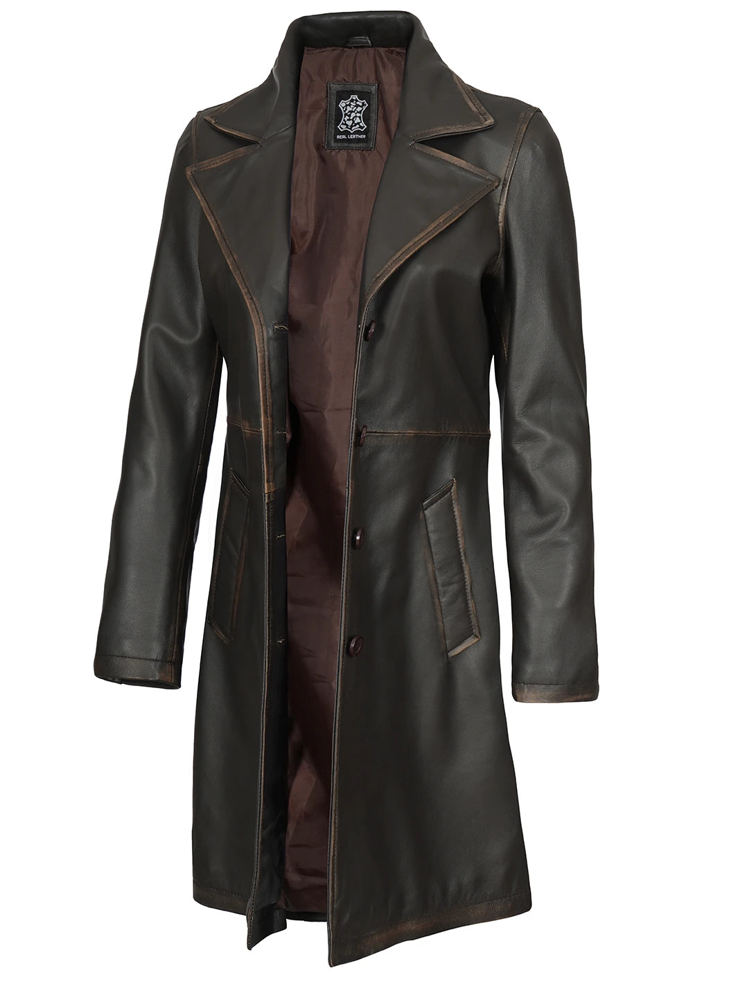 Brown leather coat with a brand label on a white background