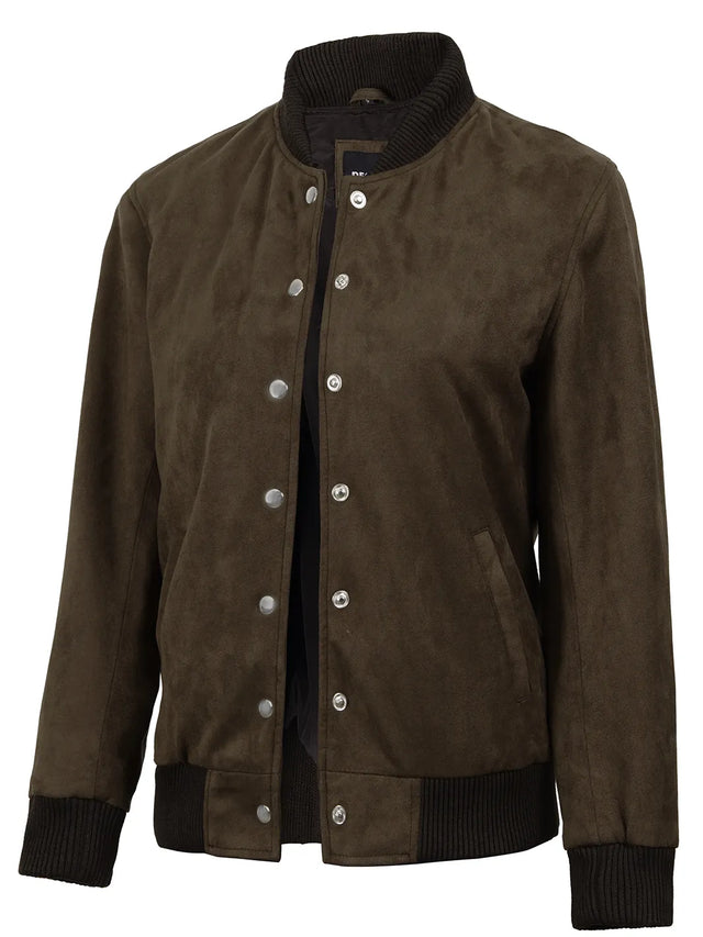 Women's dark brown faux suede bomber jacket