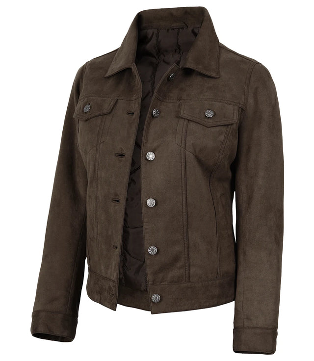 Women's dark brown faux suede trucker jacket