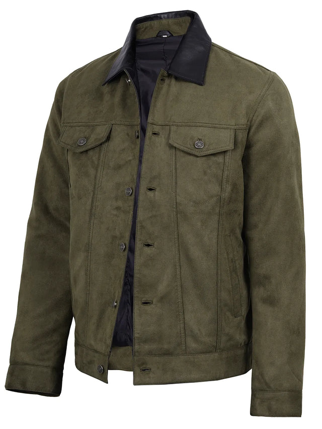 Men's olive faux suede trucker jacket
