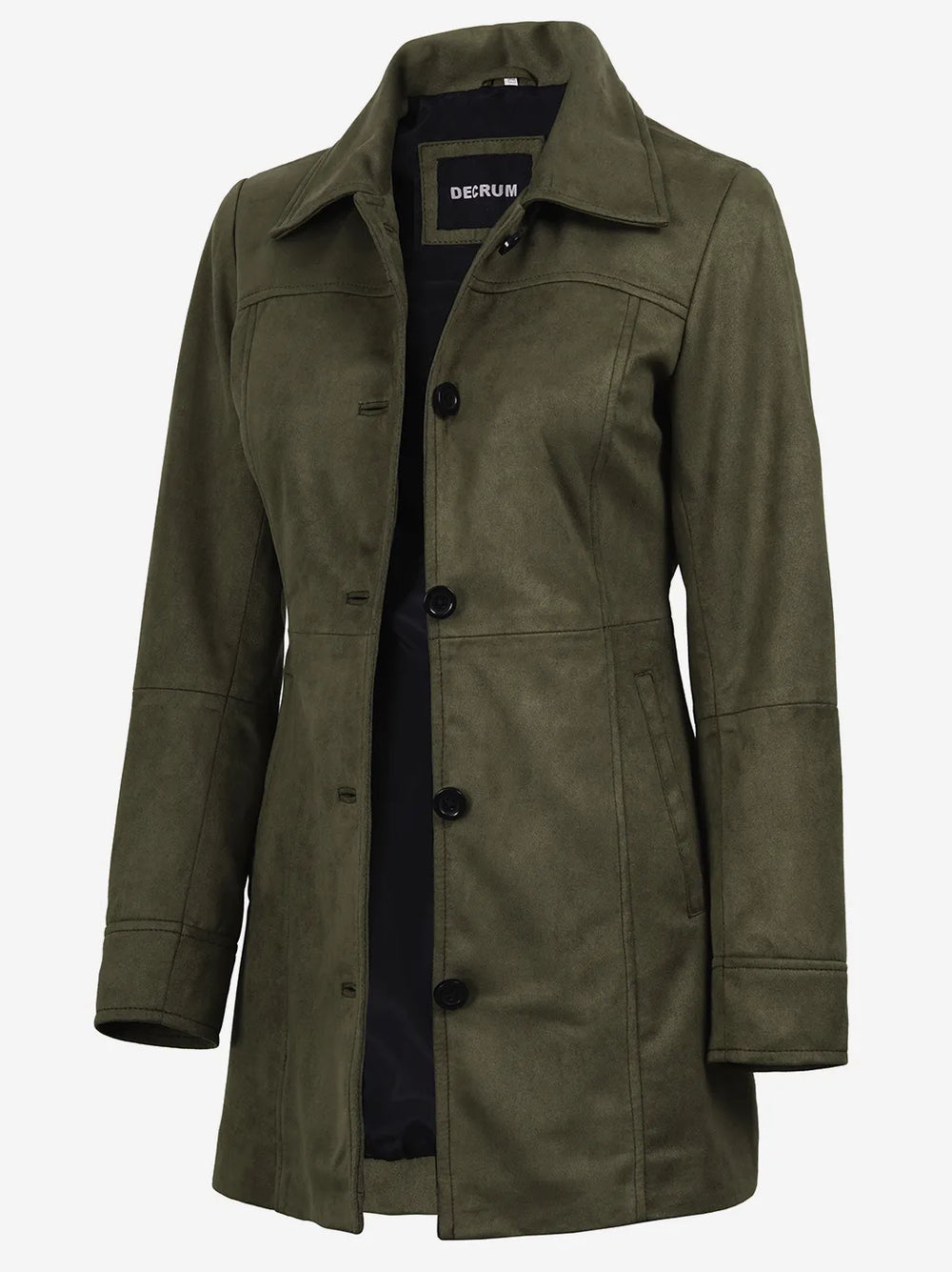 Women's 3/4 Length Olive Green Faux Suede Coat Button Front - Front