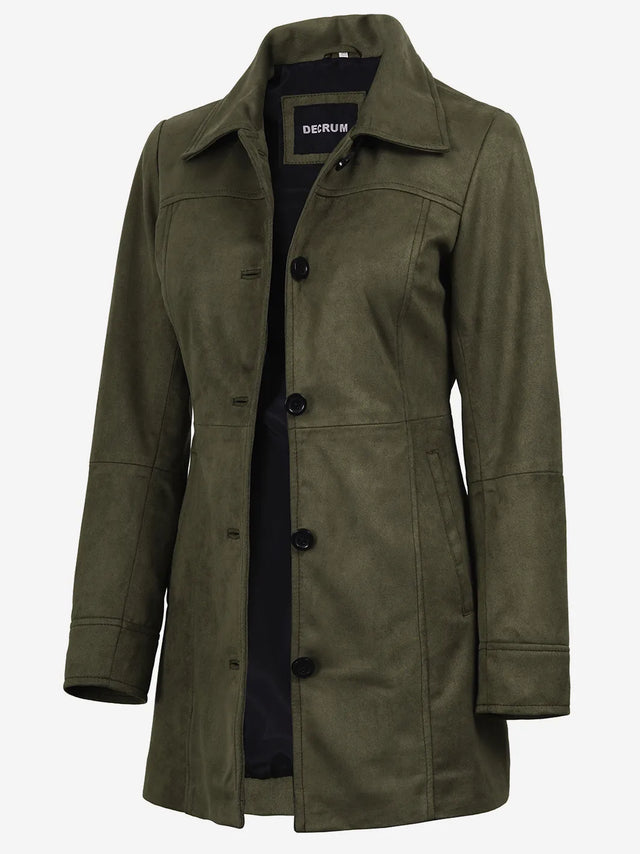 Women's olive faux suede coat, 3/4 length